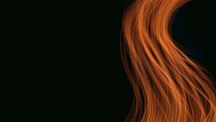 A single naturally falling redheaded hairstrain illustration on a black background isolated with copy-space. 