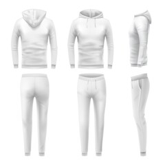 Realistic hoodies and pants mockup. Man sportswear, white hoodie and sweat pant. Male trousers and sweatshirt template. Fashion clothes or tracksuit for active sport training vector illustration set.