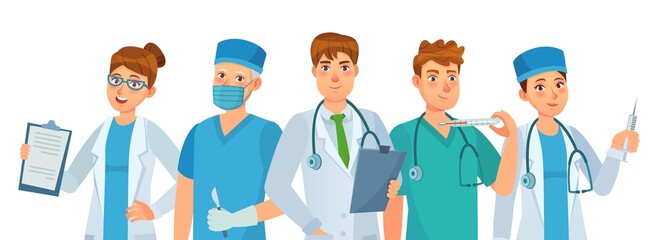 Doctors group. Young medical workers, hospital team and clinic doctor. Health care teamwork. Medicine professionals, staff people in uniform with equipment cartoon vector illustration.
