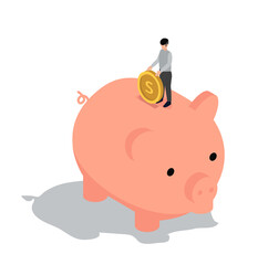 People Characters Standing on piggy bank with coin  Isometric