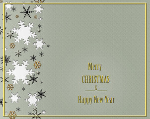 Merry Christmas and Happy New Year text on Xmas background in pastel green colour with shining gold white black snowflakes. Christmas greeting card, holiday banner, web poster. Illustration