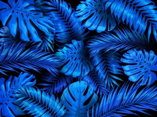 Tropical night background. Exotic blue rainforest leaves. Background with hawaiian plants as monstera, indigo palm tree leaf and palms forest pattern vector illustration. Seamless design with foliage.