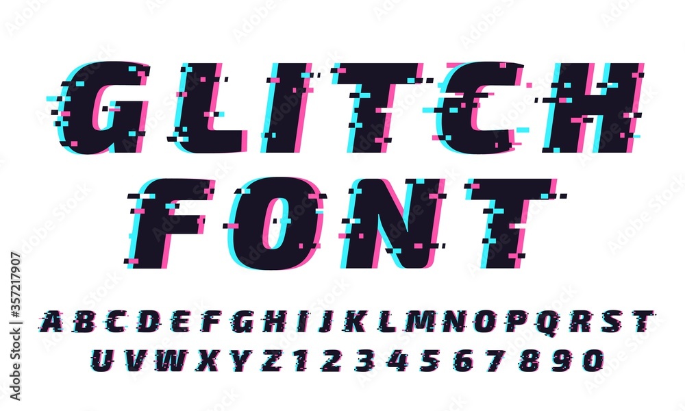 Fototapete Glitch font. Letters and numbers in trendy and futuristic typeface style. Distortion alphabet typeset with vibrant effect. Latin lettering and digits with noise vector illustration set.