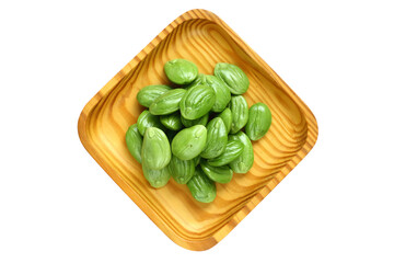 Bitter bean, Twisted cluster bean or Stink bean in wood plate on white background. thai name is sator, top view