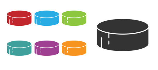 Black Hockey puck icon isolated on white background. Sport equipment. Set icons colorful. Vector Illustration.