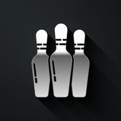 Silver Bowling pin icon isolated on black background. Long shadow style. Vector Illustration.