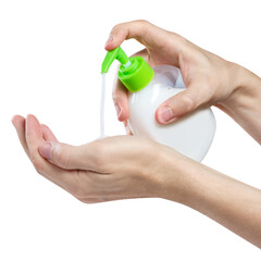 Hands using liquid soap, isolated on white background