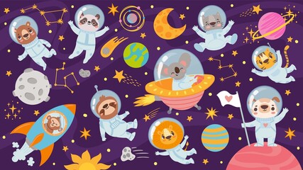 Animals in open space. Cute animal astronauts in space suits, flying in rocket. Characters exploring universe galaxy with planets, stars, spaceship for children print cartoon vector pattern.