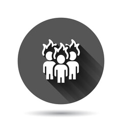 People with flame head icon in flat style. Stress expression vector illustration on black round background with long shadow effect. Health problem circle button business concept.
