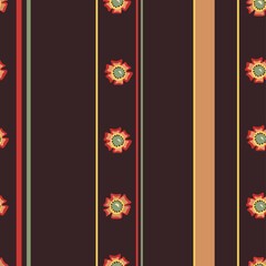 Dark boho floral retro seamless repeat pattern with stripes. Red, orange, yellow, green small flowers wallpaper on dark background. Textile print in boho style. Vector stock illustration.
