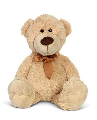 Sitting toy bear, isolated on white background.
