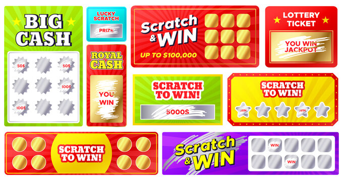 Scratch cards. Lottery games cards with lucky winning tickets and loser scratch marks. Gambling, fast win jackpot, scratching vector coupons. Big royal cash. Chance to win in competition..