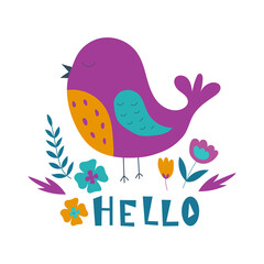 Bird, flowers, and Hello lettering isolated on a white background. Hand drawn vector illustrations. Scandinavian style. Postcard, print, poster, clothing print.