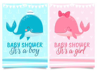 Baby shower card. Babies birth invitation cards with cute pink and blue whales with hat and bow, text, welcome party flyers vector template. Giving birth to kid or child, baby arrival, announcement.