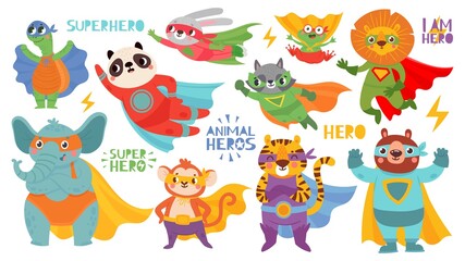 Obraz na płótnie Canvas Hero animals wearing costume. Super animal kids with capes and masks. Cute lion, tiger and panda, raccoon and rabbit and bear cartoon vector characters protecting and rescuing world.