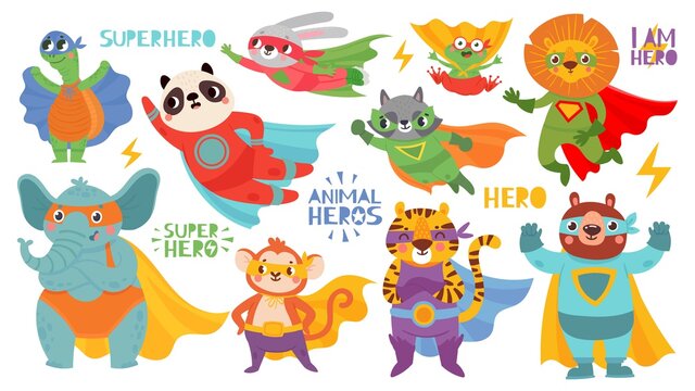 Hero animals wearing costume. Super animal kids with capes and masks. Cute lion, tiger and panda, raccoon and rabbit and bear cartoon vector characters protecting and rescuing world.