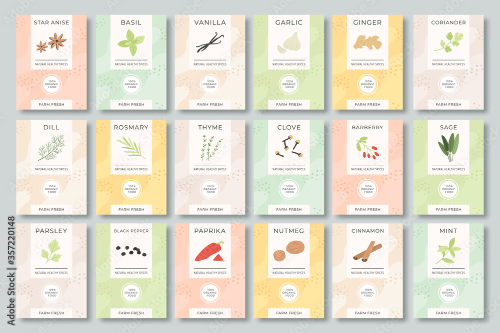 Wall mural spices labels. different aromatic herbs and spices color packaging for culinary, food preparing. gar