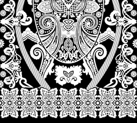 ethnic bandana print with ornamental border. Vintage textile collection.