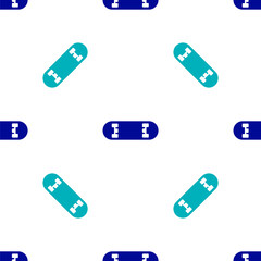 Blue Skateboard trick icon isolated seamless pattern on white background. Extreme sport. Sport equipment. Vector Illustration.