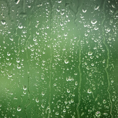 Drops of water on glass on a green background in blurred focus	