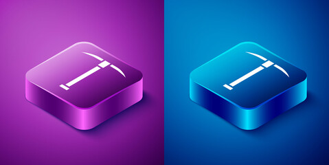 Isometric Pickaxe icon isolated on blue and purple background. Square button. Vector Illustration.