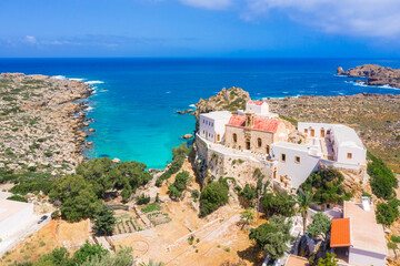 Chrisoskalitissa Monastery or Panagia Chryssoskalitissa located on the southwest coast of Crete near Elafonisi,  Greece.