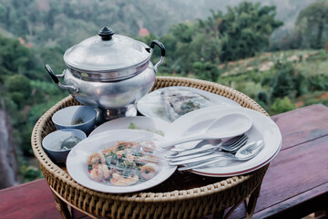 Northern Thai Spicy with rice. The delicious Northern food style in Thailand on wooden table, Top view beautiful Northern Thailand.