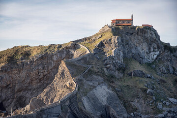 Staircase of the hermitage of San Juan de Gaztelugatxe located on an islet in Bermeo, Biscay, Basque Country, Spain, Europe