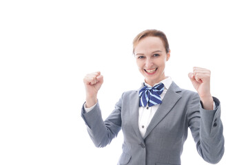 ガッツポーズをする制服を着た留学生