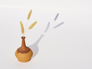 dry wheat in a clay vase on a white background