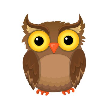 Cute brown owl with big yellow eyes and orange beak on white background. Vector illustration in cartoon style