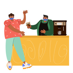 Coffee house during the pandemic. Removing restrictions, lifting quarantine and opening coffee house, bar and cafe. Bright vector flat illustration in cartoon style with barista and client in a cafe.