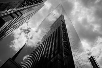 Look up World Trade Center at downtown Manhattan Financial district. Black and white