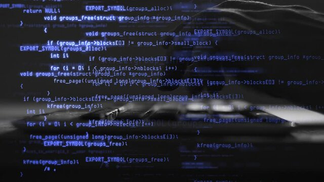 Male hands types program code on keyboard. Blue source code overlay. Code and information hologram. Personal data protection, password safety, private key and cyber attack prevention concept.