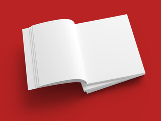 Open magazine with a glued binding. Stack of catalogues. Vertical A4 format.