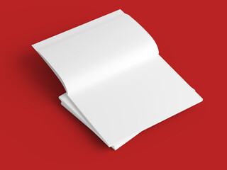 Open magazine with a glued binding. Stack of catalogues. Vertical A4 format.