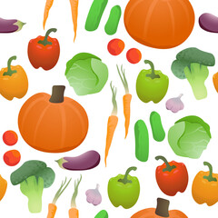 Vegetables seamless pattern. Various colourful healthy vegetables repetitive vector pattern. Carrots, pumpkins, broccolies, cabbages, paprika, tomatoes, eggplants, onions, pickles. 