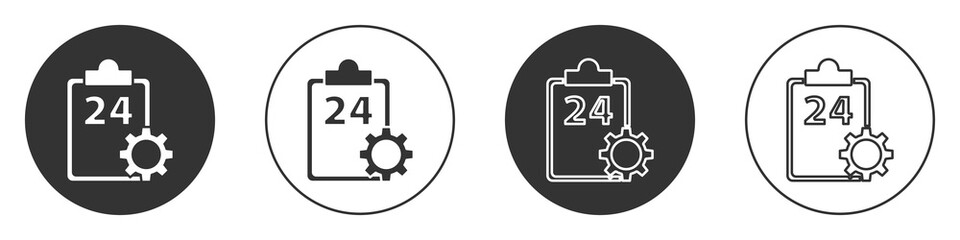 Black Checklist clipboard with 24 hours service icon isolated on white background. Circle button. Vector Illustration.