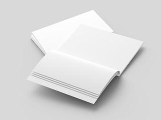 Open magazine with a glued binding. Stack of catalogues. Vertical A4 format.