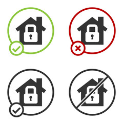 Black House under protection icon isolated on white background. Home and lock. Protection, safety, security, protect, defense concept. Circle button. Vector Illustration.