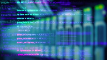Data flow animation technology. Blocks of abstract program code are written and moved on old screen monitor. Blue and purple code. IT, software development and hacking concept. encrypted security code