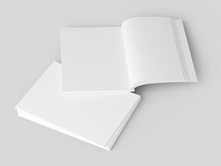 Open magazine with a glued binding. Stack of catalogues. Vertical A4 format.