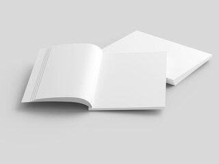 Open magazine with a glued binding. Stack of catalogues. Vertical A4 format.