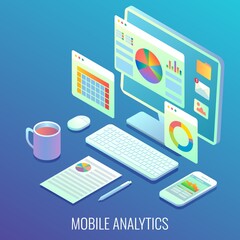 Mobile web analytics concept vector flat isometric illustration