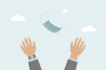 Caucasian man throw medical mask in the air. Quarantine is over. Vector illustration.