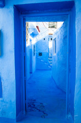colorful blue street in the Moroccan city of Chaouen