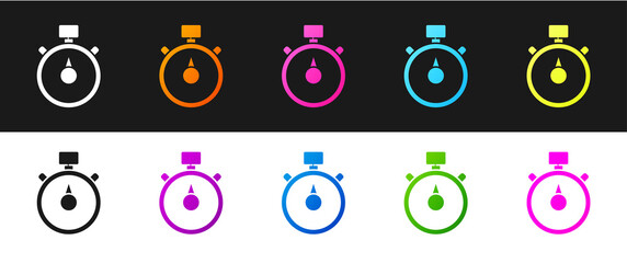Set Stopwatch icon isolated on black and white background. Time timer sign. Chronometer sign. Vector Illustration.
