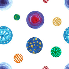 Watercolor seamless pattern. Multi-colored planets, circles on a white background.