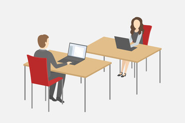 Caucasian man and woman sitting at table and working on laptops. Vector illustration.