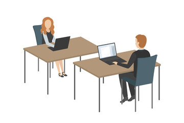 Colleagues sitting at table and working on laptops. Vector illustration.